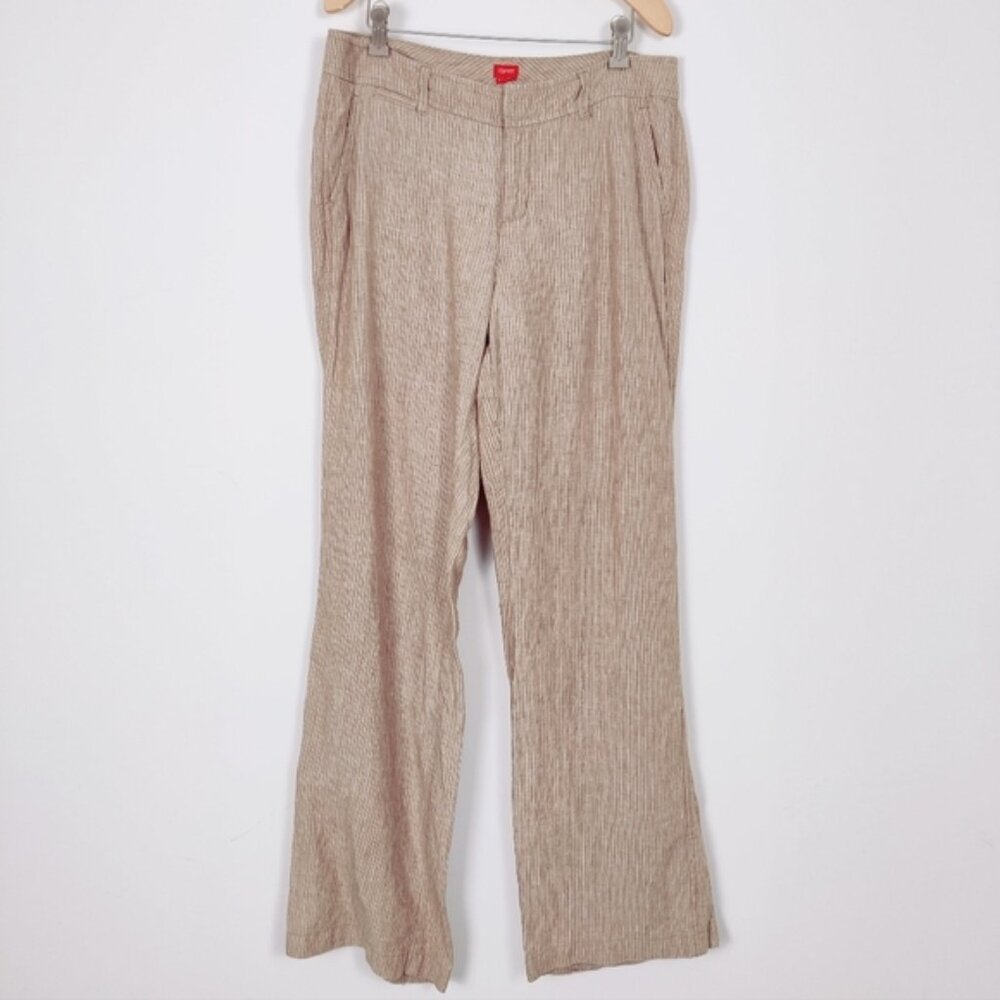 Esprit Women's Pinstriped Linen Wide Leg Pants Size 10 Tan Cream Business Casual